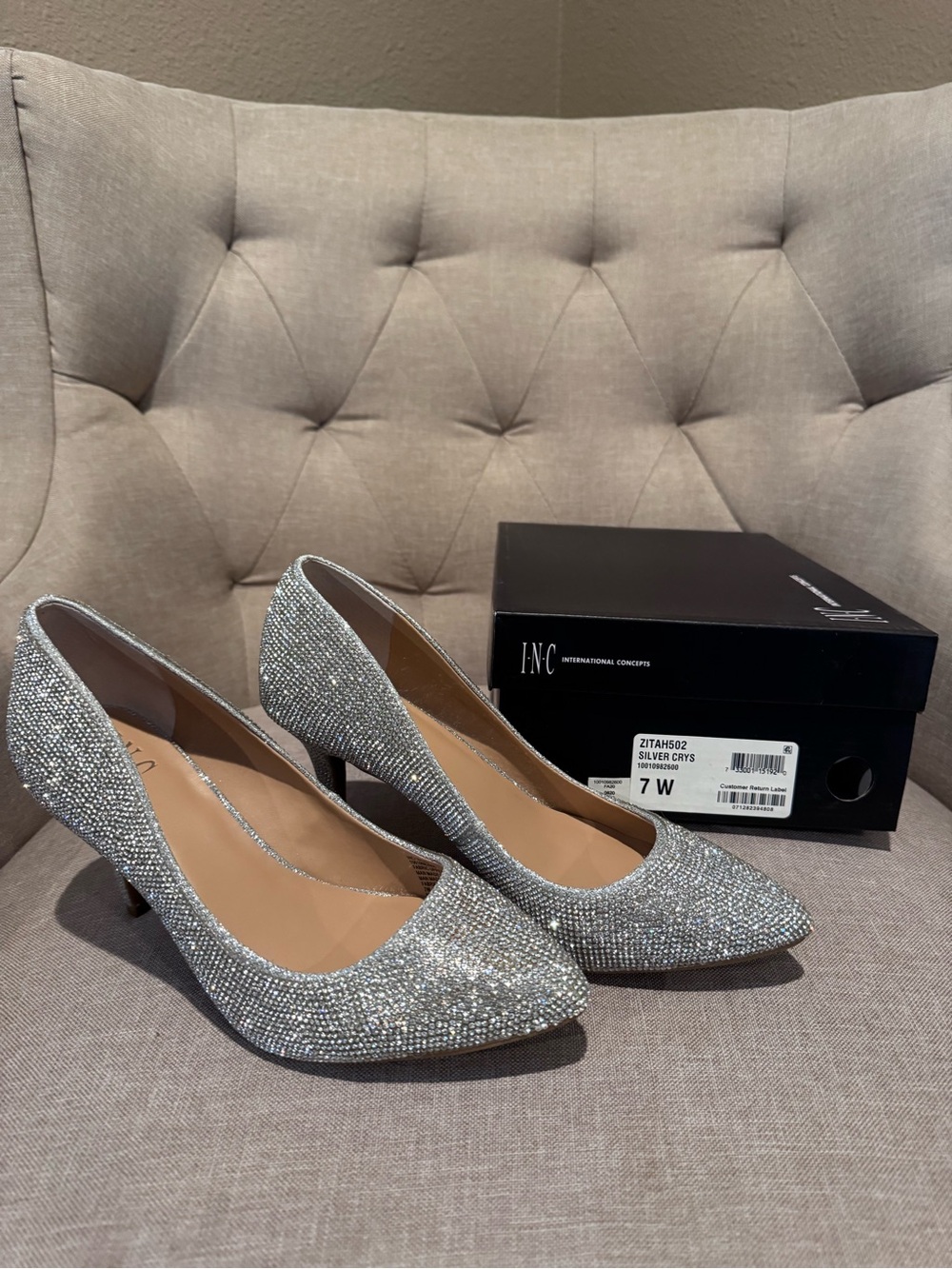 INC International Concepts Silver Crystal Pointed Toe Kitten Heels